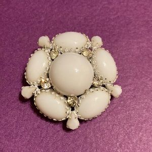 Vintage stamped Regency large white bead and rhinestone brooch